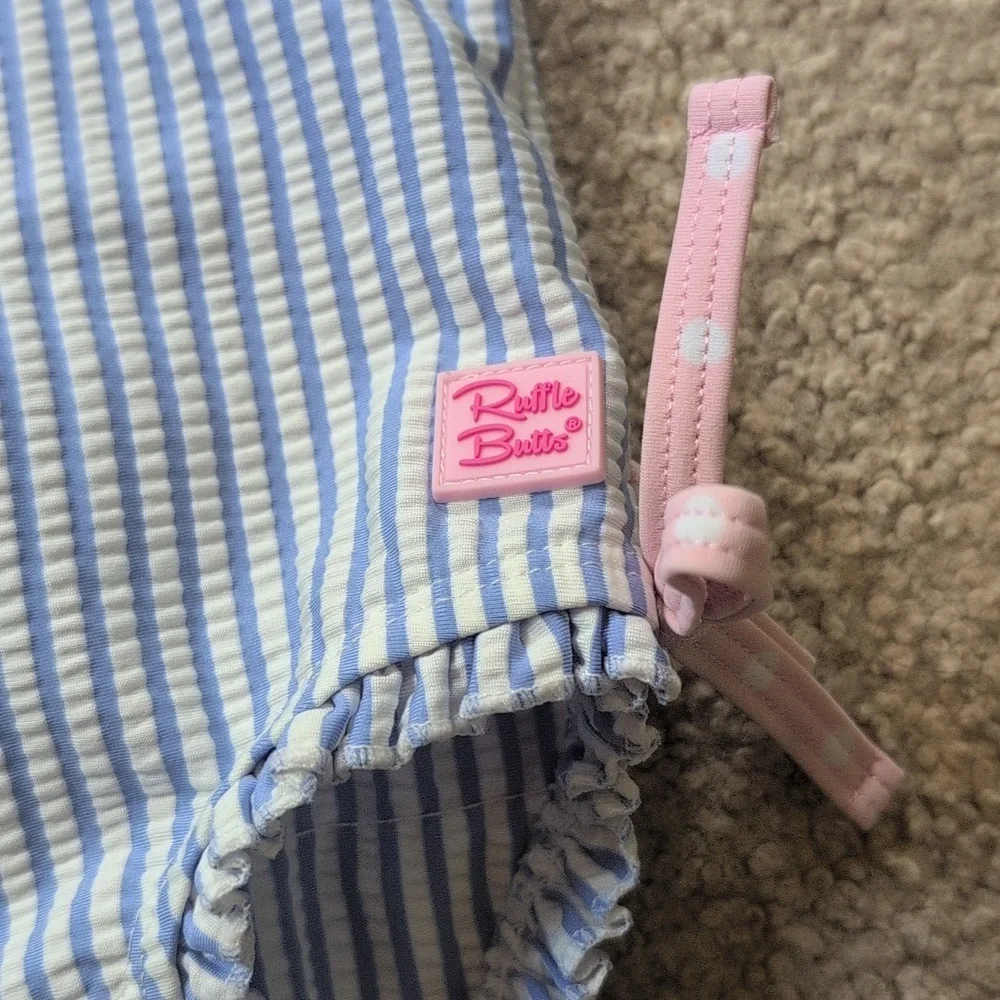 Ruffle Butts Seersucker Long Sleeve Rash Guard Periwinkle Blue Pink Size 6-12 M_6